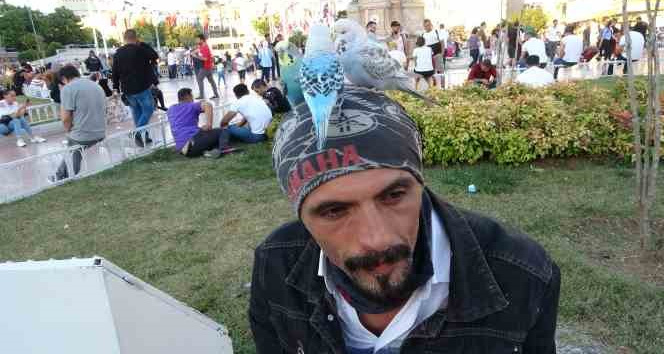 Başında gezdirdiği 3 muhabbet kuşuyla Taksim’de ilgi odağı oldu